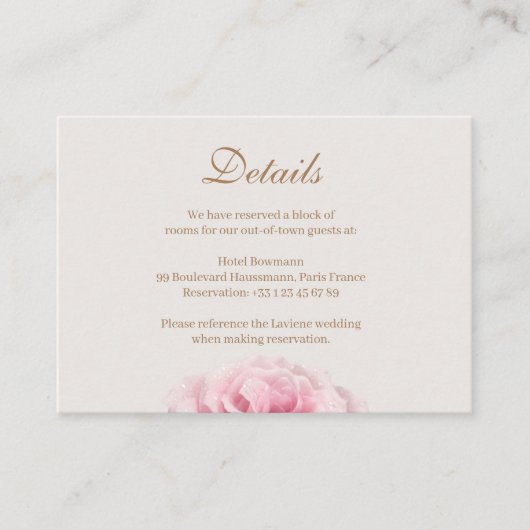 Blush Pink Rose Ivory Gold Wedding Hotel Detail Informatiekaartje (Voorkant)