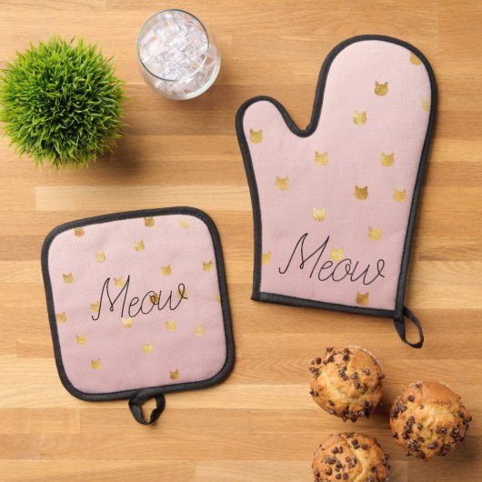 Blush Pink Rose Ombre Gouden Katten Ovenwant & Pannenlap Set (Top down)