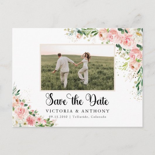 Blush Pink Rose Save The Date met Foto Briefkaart (Voorkant)