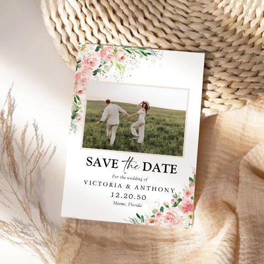 Blush Pink Rose Save The Date met Foto Platte Kaar