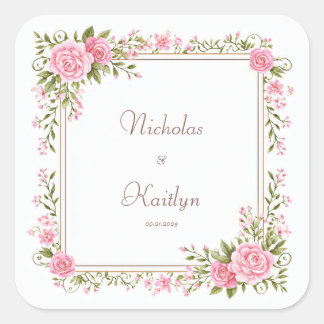 Blush Pink Rose Watercolor Gold Frame Wedding Vierkante Sticker