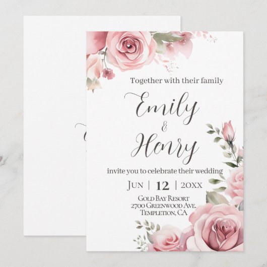 Blush Pink Rose Wedding Invitation Kaart (Voorkant / Achterkant)