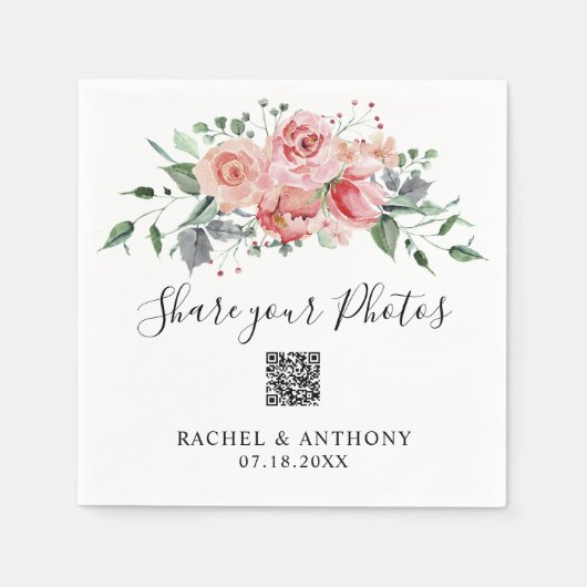 Blush Pink Rose Wedding QR Code Share Foto's Servet (Voorkant)