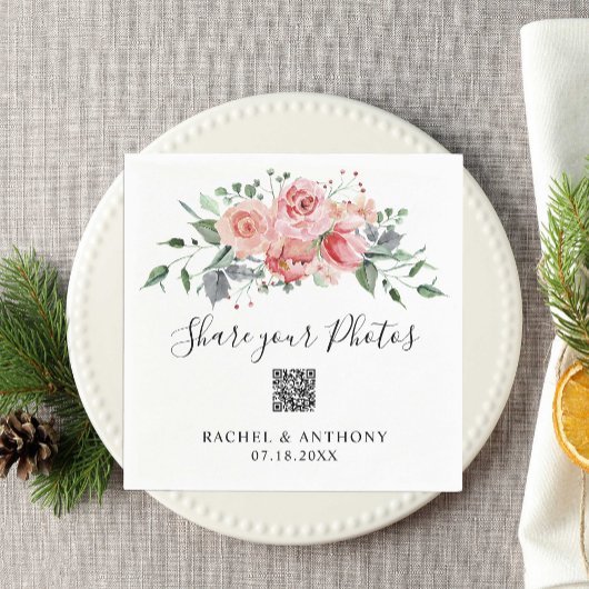 Blush Pink Rose Wedding QR Code Share Foto's Servet