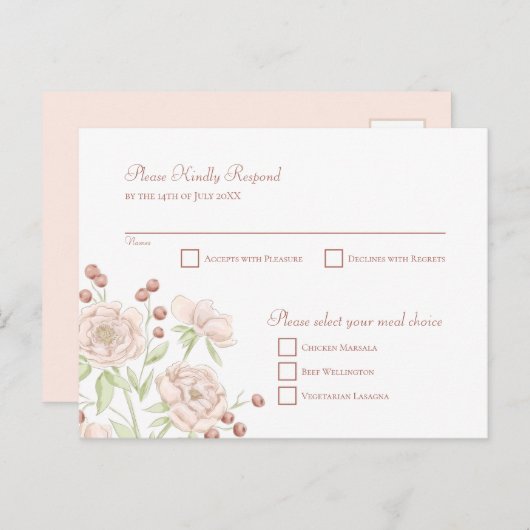 Blush Pink Rose Wedding RSVP Modern Reply Feestdagenkaart (Voorkant / Achterkant)