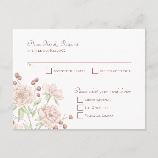 Blush Pink Rose Wedding RSVP Modern Reply Feestdagenkaart (Voorkant)