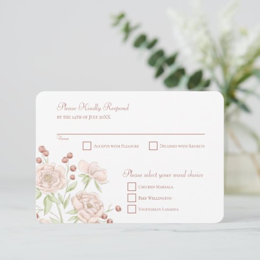 Blush Pink Rose Wedding RSVP Reply Modern Kaart (Staand voorkant)