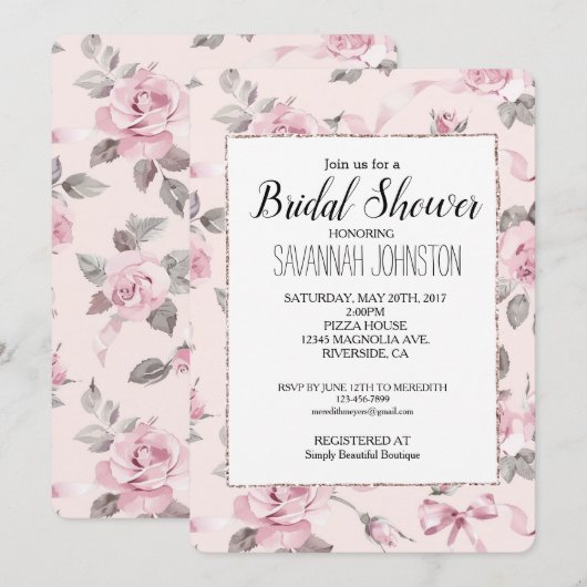 Blush Pink Roses Floral & Bows Vrijgezellenfeest Kaart (Voorkant / Achterkant)