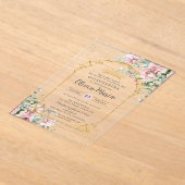 Blush Pink Roses Floral Gold Quinceañera Sweet 16 Acryl Uitnodigingen (Laagn)