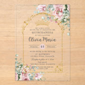 Blush Pink Roses Floral Gold Quinceañera Sweet 16 Acryl Uitnodigingen (Voorkant)
