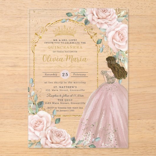Blush Pink Roses Floral Gold Quinceañera Sweet 16 Acryl Uitnodigingen (Voorkant)