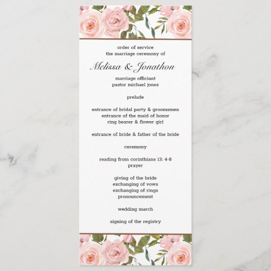 Blush Pink Roses Floral Wedding Programme Programmakaart (Voorkant)