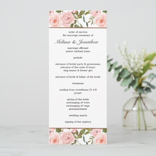 Blush Pink Roses Floral Wedding Programme Programmakaart (Staand voorkant)