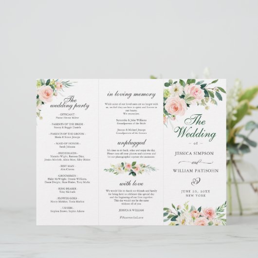 Blush Pink Roses Flowers Wedding Ceremony Program (Staand voorkant)