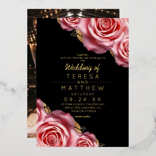 Blush Pink Roses Gold Foil Black Modern Wedding  Folie Uitnodiging (Voorkant / Achterkant)