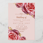 Blush Pink Roses Gold Foil Modern Wedding Folie Uitnodiging (Voorkant)