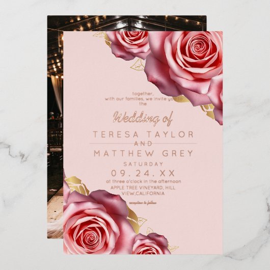Blush Pink Roses Gold Foil Modern Wedding Folie Uitnodiging (Voorkant / Achterkant)