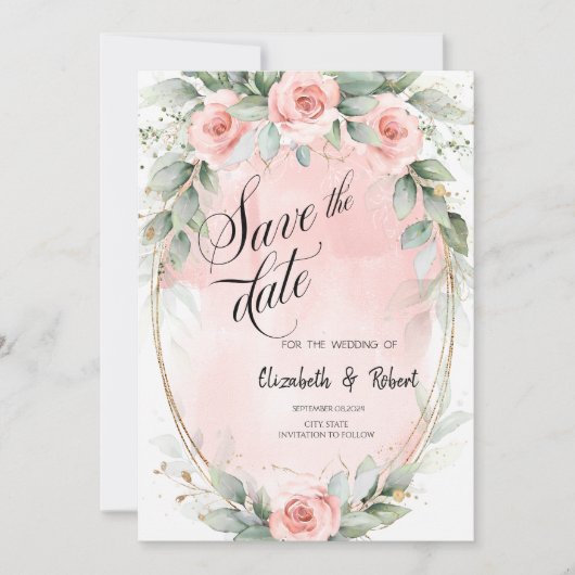 Blush Pink Roses Goud Lijst Save The Date (Voorkant)