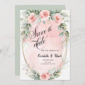 Blush Pink Roses Goud Lijst Save The Date (Voorkant / Achterkant)