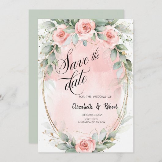 Blush Pink Roses Goud Lijst Save The Date (Voorkant / Achterkant)