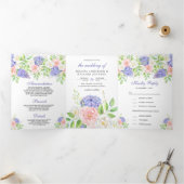 Blush Pink Roses Paars Hydrangea Floral Wedding Drieluik Uitnodiging (Binnen)