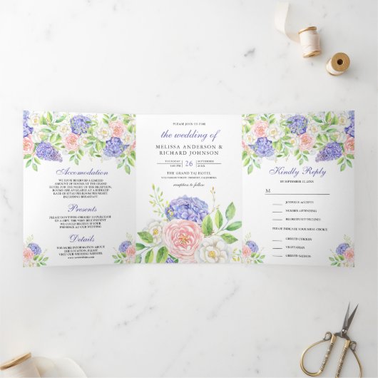 Blush Pink Roses Paars Hydrangea Floral Wedding Drieluik Uitnodiging (Binnen)