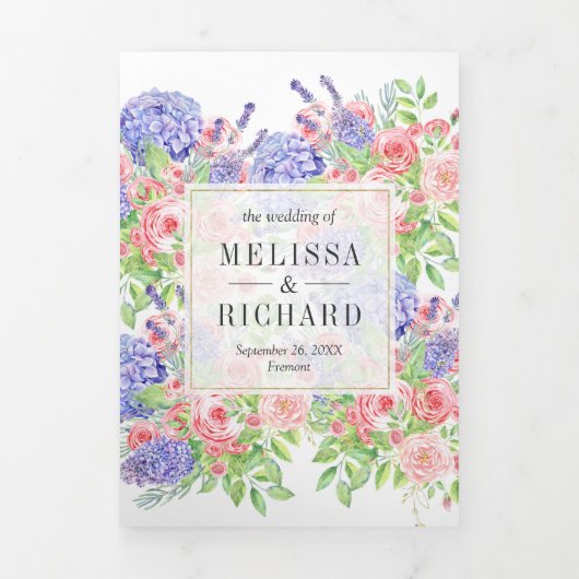 Blush Pink Roses Paars Hydrangea Floral Wedding Drieluik Uitnodiging (Cover)