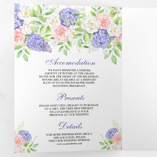 Blush Pink Roses Paars Hydrangea Floral Wedding Drieluik Uitnodiging (Binnenzijde eerst)