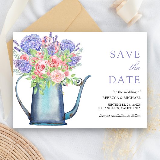 Blush Pink Roses Paarse Hydrangea bruiloft Save The Date