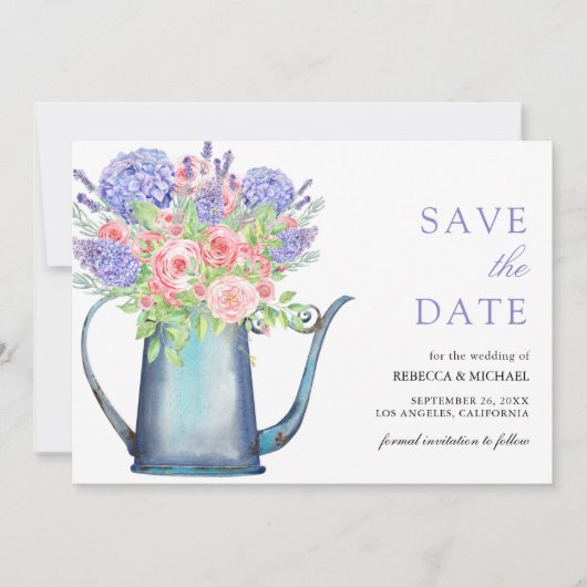 Blush Pink Roses Paarse Hydrangea bruiloft Save The Date (Voorkant)