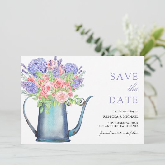 Blush Pink Roses Paarse Hydrangea bruiloft Save The Date (Staand voorkant)