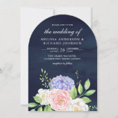 Blush Pink Roses Paarse Hydrangea Navy Wedding Kaart (Voorkant)