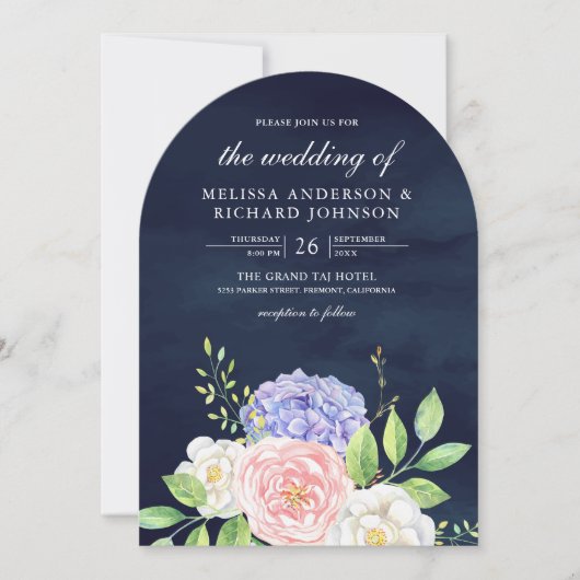 Blush Pink Roses Paarse Hydrangea Navy Wedding Kaart (Voorkant)