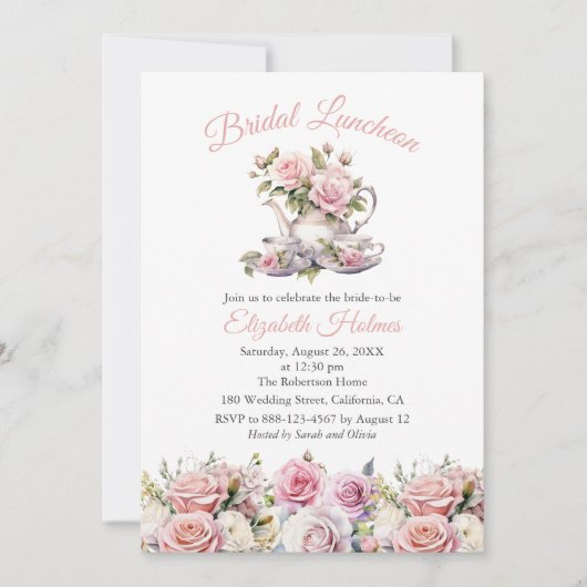 Blush Pink Roses Tea Set Bruids Luncheon Kaart (Voorkant)