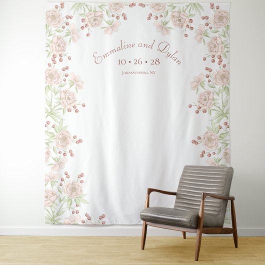 Blush Pink Roses Wedding Photo Backdrop Wandkleed (In situ)