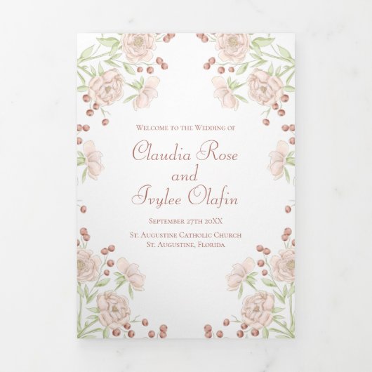 Blush Pink Roses Wedding Programs Drieluik Programma (Cover)