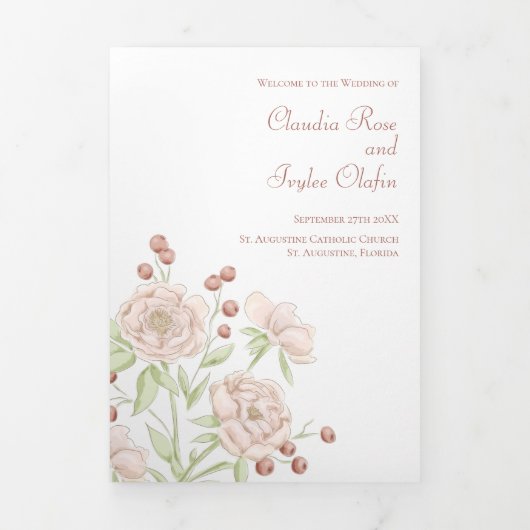 Blush Pink Roses Wedding Programs Modern Drieluik Programma (Cover)