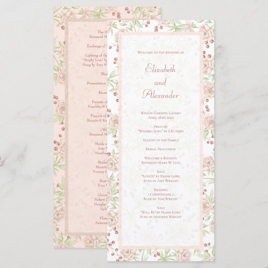Blush Pink Roses Wedding Vintage Programs Menu (Voorkant / Achterkant)
