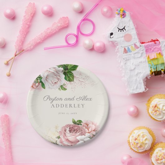 Blush Pink  Rozen Floral Wedding Papieren Bordje (Feest)