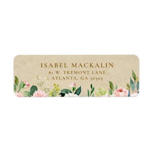 Blush Pink Rustic Floral & Kraft Farmhouse Land Etiket (Voorkant)