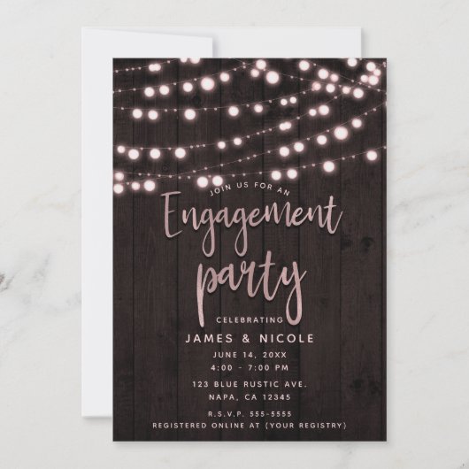 Blush Pink Rustic Wood & Lights Engagement Party Kaart (Voorkant)