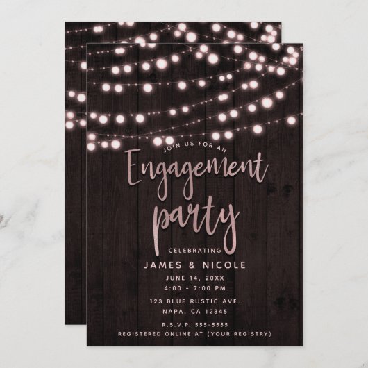 Blush Pink Rustic Wood & Lights Engagement Party Kaart (Voorkant / Achterkant)