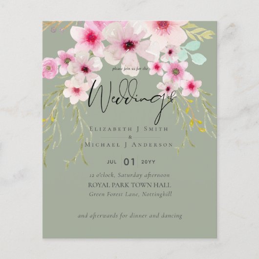 Blush Pink Sage Floral Weddenschap budget (Voorkant)