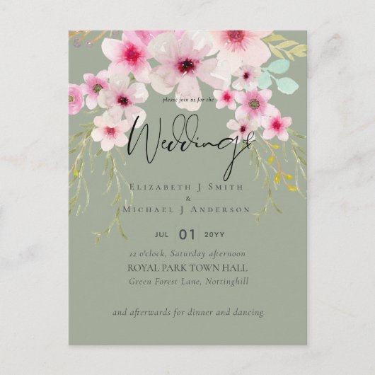 Blush Pink Sage Floral Weddenschap budget Briefkaart (Voorkant)