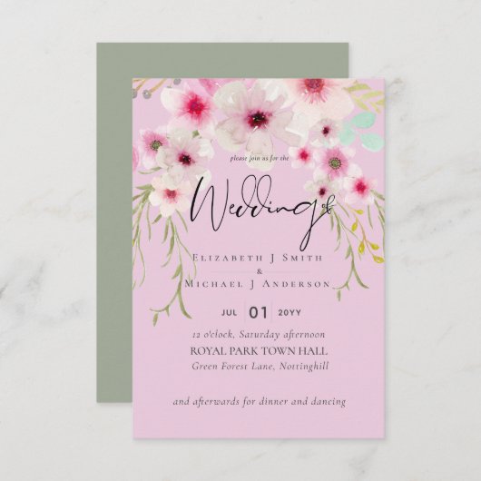 Blush Pink Sage Floral Weddenschap budget RSVP Kaartje (Voorkant / Achterkant)