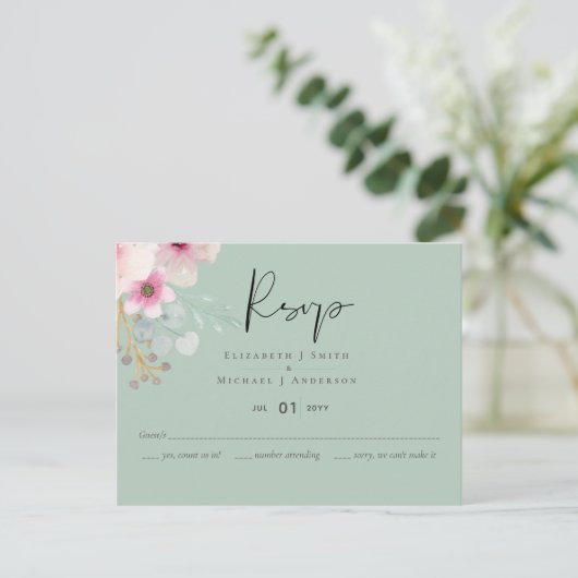 Blush Pink Sage Floral Wedding RSVP budget Briefkaart (Staand voorkant)