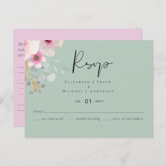 Blush Pink Sage Floral Wedding RSVP budget Briefkaart (Voorkant / Achterkant)