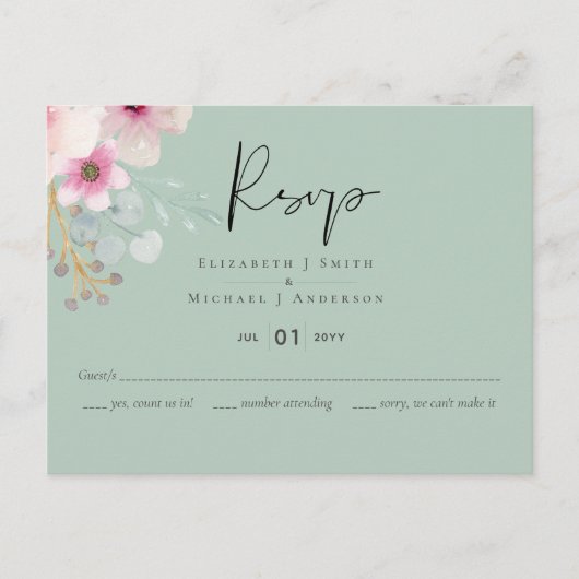 Blush Pink Sage Floral Wedding RSVP budget Briefkaart (Voorkant)