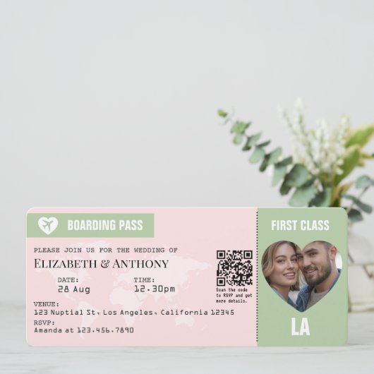 Blush Pink & Sage Green Boarding Pass Wedding Kaart (Staand voorkant)