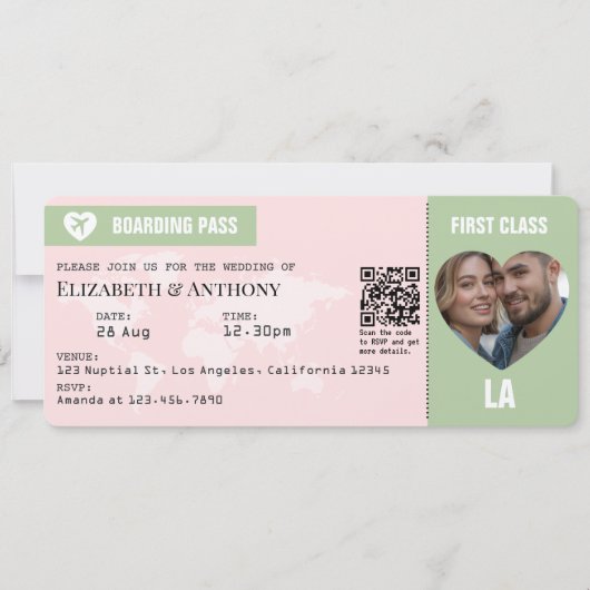 Blush Pink & Sage Green Boarding Pass Wedding Kaart (Voorkant)